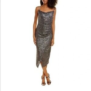 Laundry by Shelli Segal Gray Sequin Cowl Neck Spaghetti Strap Ruched Midi Dress